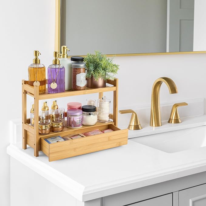 Sorbus 2-Tier Bamboo Countertop Shelf with Hidden Drawer for Vanity, Matcha Shelf, Bathroom Storage Cabinet, Under Sink Organizer, Bathroom Storage, Matcha Station Shelf (17″ L x 6.5″ W x 12.6″ H) - Image 5