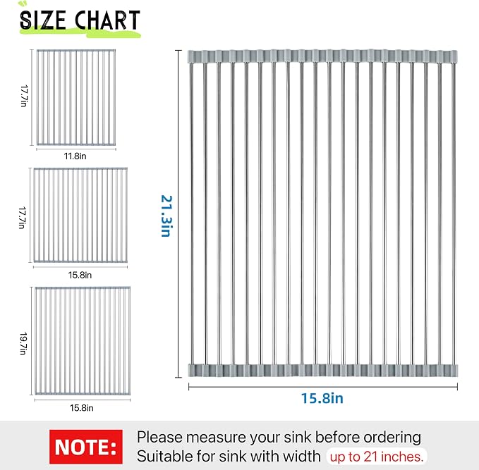 Roll Up Dish Drying Rack, 21.3" x 15.8" Over The Sink Dish Drying Rack, Dish Drying Rack for Kitchen Sink Counter Storage (Grey) - Image 2