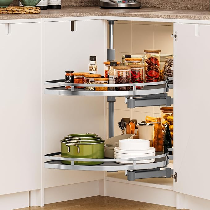 DWVO Corner Cabinet Organizer, 2-Tier Blind Corner Pull Out with 270° Rotating Shelf, Right Swing Tray, Heavy-Duty Iron, Easy-Install Template, 32.7"x17.3"x21.3", Gray - Image 6