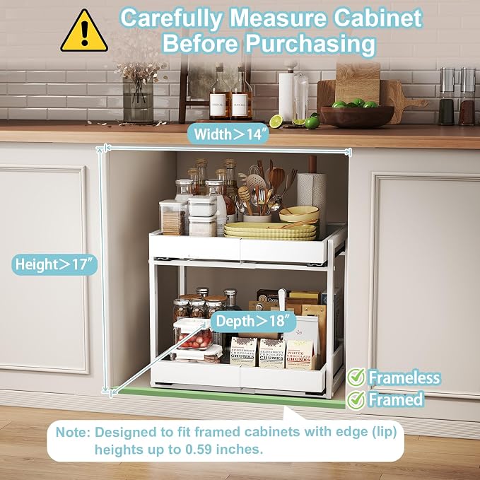 2-Tier Expandable Pull Out Cabinet Organizer, Cabinet Drawers, 16"D | Cabinet Pull Out shelves, Adjustable Pantry Drawers, Slide Out Drawers for Kitchen Cabinets, Under Sink Organizer, White - Image 5