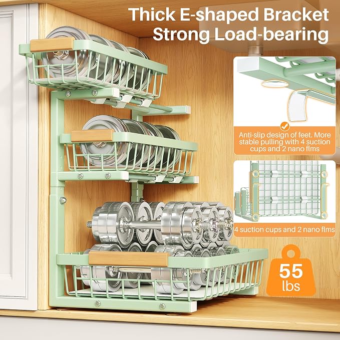 PXRACK Under Sink Organizer, 1-Pack 3-Tier Height Adjustable Thickened Metal Pull out Cabinet Organizer Shelf, Slide out Storage Drawer Rack for Bathroom Kitchen Pantry Home Organization, Green - Image 6