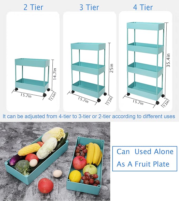 4 Tier Slim Rolling Utility Kitchen Cart Bathroom Organizer for Narrow Places Multipurpose Storage Shelve Mobile Trolley for Bedroom Laundry Office Restaurant Garage Pantry (Teal) - Image 5