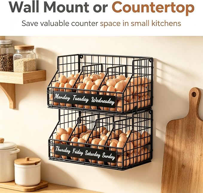 Egg Holder Countertop, 2 Tier Chicken Egg Basket for Gathering Fresh Eggs | Egg Storage Organizer with Adjustable 5 Dividers & Label, Stackable Wall Mounted Egg Collecting Basket Rack, Black - Image 5
