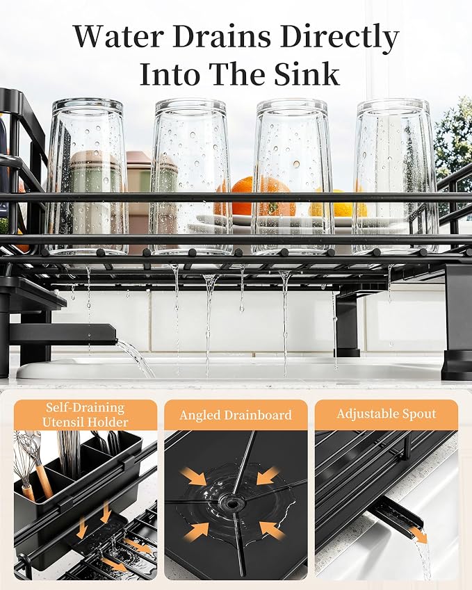 SAYZH Expandable Dish Drying Rack for Kitchen Counter, Metal, Black | Foldable Over Sink, Large Capacity, Rust-Resistant, Adjustable for Most Sinks, Automatic Drainage, Removable Utensil Holder - Image 5