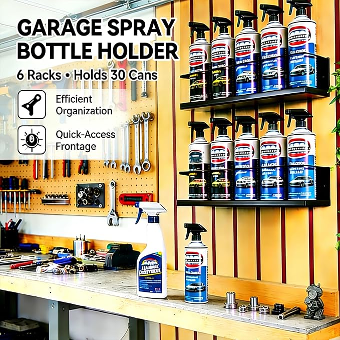 6 Pack Wall-Mounted Spray Bottle Holder, Heavy-Duty Steel Black Aerosol Can Storage Rack with 30 Holes, Spray Paint Can Organizer for Garage, Shop, Home, Tool Trailer & Service Truck - Image 7