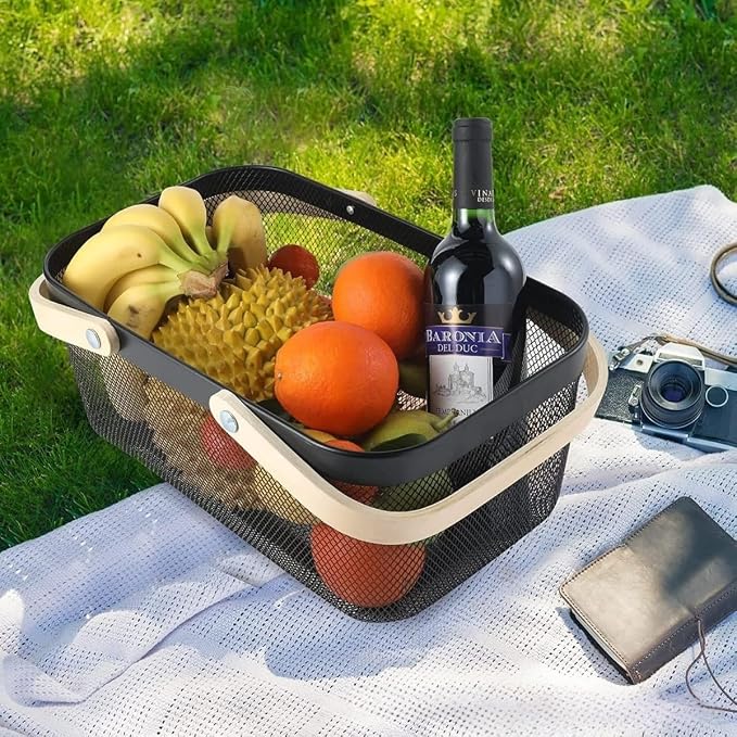 Portable Mesh Harvest Basket - Natural Bamboo Handle Foldable Organizer for Kitchen, Garden & Picnic | Ventilated Storage Bin with Rust-Proof Wire, Space-Saving Farmhouse Decor (Black) - Image 8