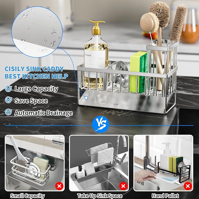 Cisily Sink Caddy Sponge Holder for Kitchen, 304 Stainless Steel Rustproof, Kitchen Sink Caddy with High Brush Holder, Dish Sponge Organizer with Divider(Silver) (Pack of 2) - Image 2