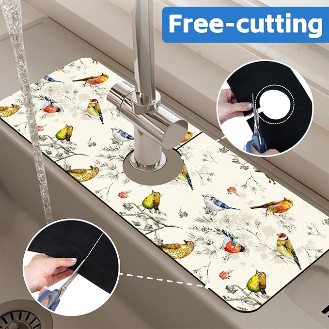 Vintage Watercolor Birds Dish Drying Mat for Kitchen Sink Splash Guard Behind Faucet Sink Mat Absorbent Fast Drying Faucet Draining Mat for Bathroom Kitchen 5.5"×15" - Image 7