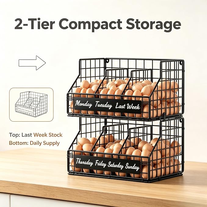 Egg Holder Countertop, 2 Tier Chicken Egg Basket for Gathering Fresh Eggs | Egg Storage Organizer with Adjustable 5 Dividers & Label, Stackable Wall Mounted Egg Collecting Basket Rack, Black - Image 4