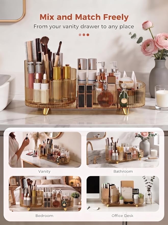 Booklov Rotating Makeup Organizer for Vanity Countertop, Amber | Clear Acrylic Cosmetic Display Case, Large Beauty Brush Holder for Bathroom Counter, Skincare Lipsticks Storage - Image 7