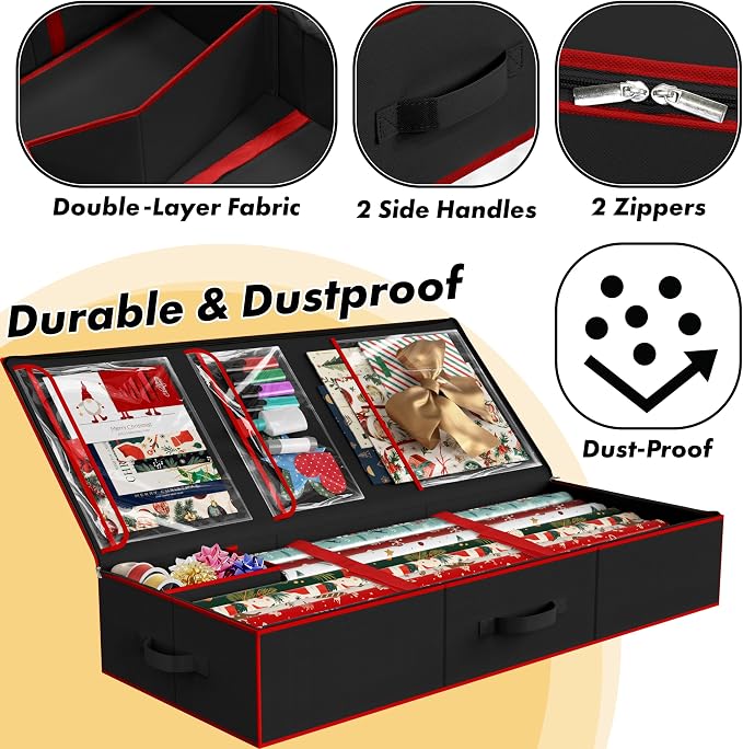 Simple Houseware 41.5" Wrapping Paper Organizer, Fits 40 Rolls, Black | Adjustable Straps, Interior Divider for Ribbons & Bows, 3 Clear Pockets for Gift Bags & Tools, 41.5"L x 16"W - Image 3