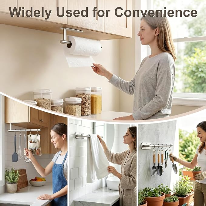 2-Pack Paper Towel Holder for Kitchen, Self-Adhesive & Drilling Mount | Under Cabinet Organizer, SUS 304 Stainless Steel Wall Mounted Rack, Bathroom, RV - Image 4