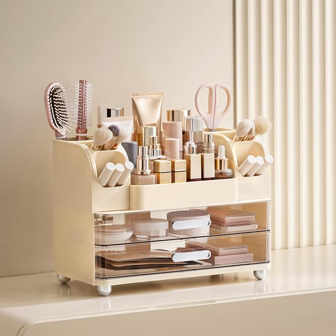 HBlife Makeup Organizer for Vanity with Brush Holder, Large Bathroom Countertop Cosmetic Organizer Skin Care Storage, Easy to Store Lipsticks, Nail Polishes, Perfumes, Eyeshadow Palettes, Beige - Image 2