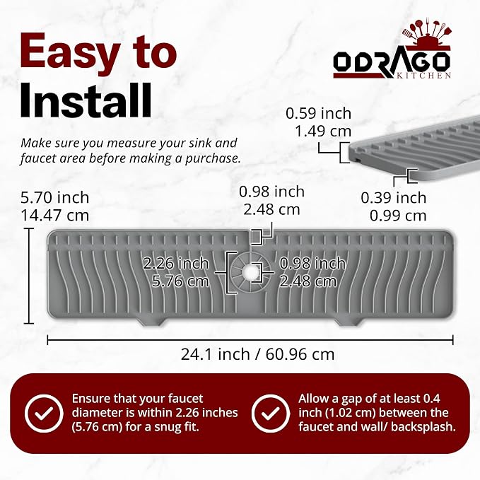 ODRAGO Silicone Kitchen Sink Splash Guard - 24.01 Inch Faucet Mat for Kitchen Sink Water - Longer Faucet Handle Drip Catcher Tray-Sink Guard for Kitchen Sink (Grey) - Image 3