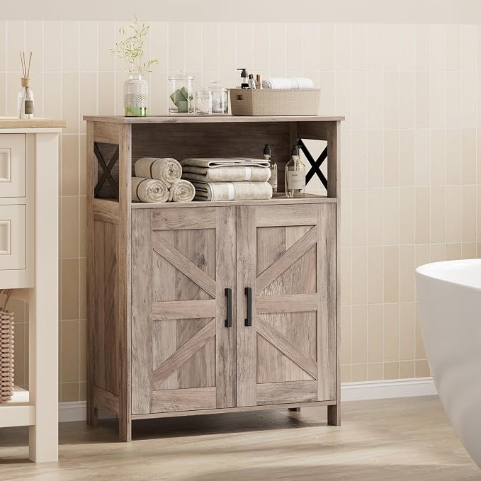 Homhedy Farmhouse Bathroom Storage Cabinet with Doors, Small Floor Cabinet | Toilet Paper Cabinet with Adjustable Shelf, Freestanding Storage Cabinet for Kitchen/Laundry/Living Room, 24"W, Greige - Image 2