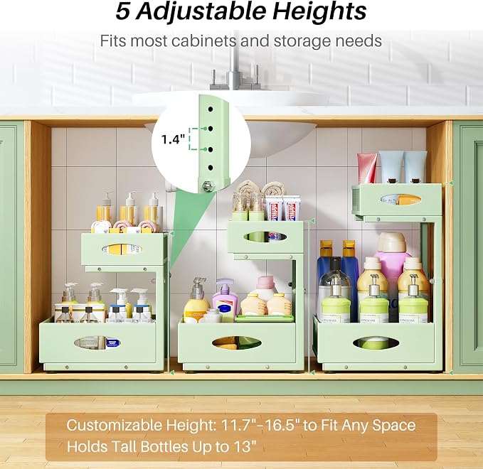 Under Sink Organizer, 1-Pack Pull Out Cabinet Organizer 2 Tier Metal Slide Out Storage Shelf Rack, L-Shaped Adjustable Height,Mesh Sliding Drawer for Kitchen, Bathroom, Laundry, Pantry, Green, XL - Image 5