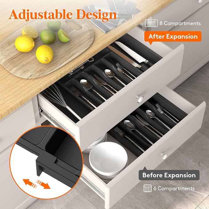 Lifewit Extra Large Silverware Drawer Organizer, Expandable Utensil Tray | BPA Free Flatware Cutlery Holder for Kitchen, Adjustable Plastic Storage for Spoons Forks Knives, 13-22.4 x 16.7", Black - Image 5