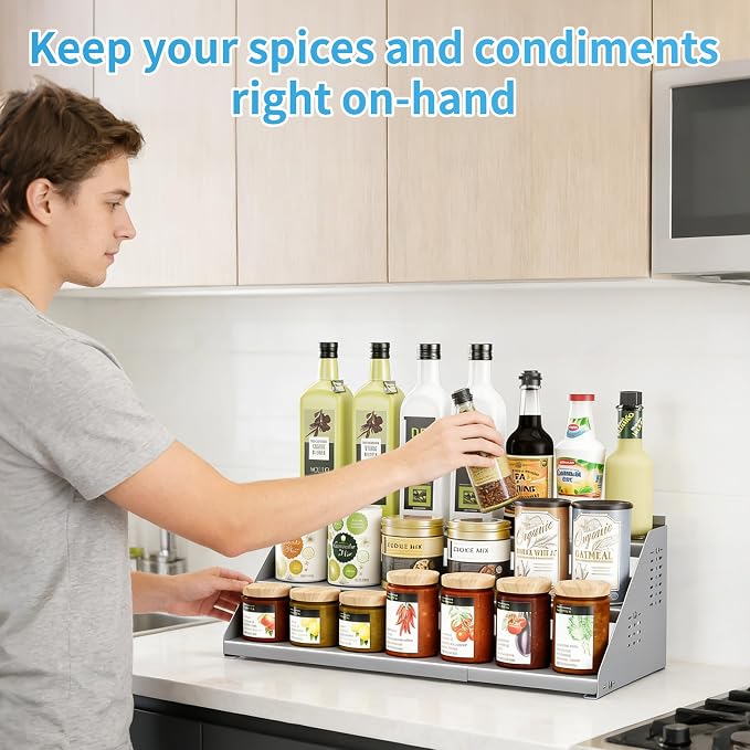 BOIVSHI 3 Tier Expandable Spice Organization for Cabinet, Gray | Height Adjustable Spice Rack for Countertop, Metal Step Seasoning Organizer for Kitchen, Easy to See Labels for Pantry - Image 3
