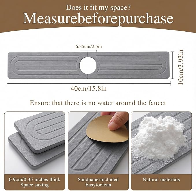 Diatomite Faucet Mat for Kitchen Sink, Quick-Dry Stone-Like Sink Mat, Flat Lay Absorbent Countertop Drying Mat for Faucet Area, Hard Diatomite Mat, Gray, 15.8 x 4 in - Image 5