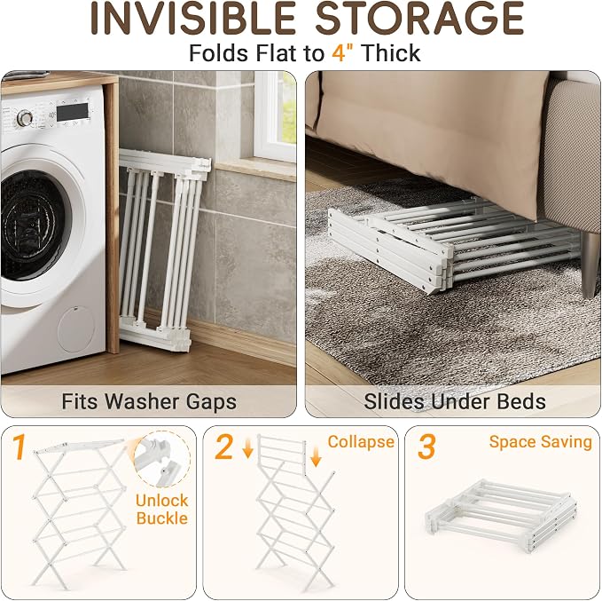 Foldable Clothes Drying Rack, Reinforced Joints, White | 35 lbs load, rustproof carbon steel, adjusts 17.7"-29"W, indoor & outdoor, tool-free - Image 3