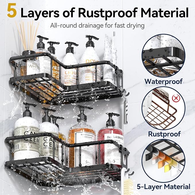 Corner Shower Caddy Adhesive, 100% Rustproof Shower Organizer with Soap Holder, No Drill Shower Shelf for Inside Shower, Wall-Mounted Shower Storage for Homes (3 Pack, Black) - Image 4
