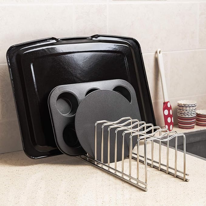 SANNO Pot Lid Organizer Pot Lid holder, Pots and Pans Organizer Drawer Plate Organizer for Bakeware Dish Plate, Cutting Boards, Pots & Pans, Serving Trays, Reusable Containers in Cabinet Pantry - Image 3