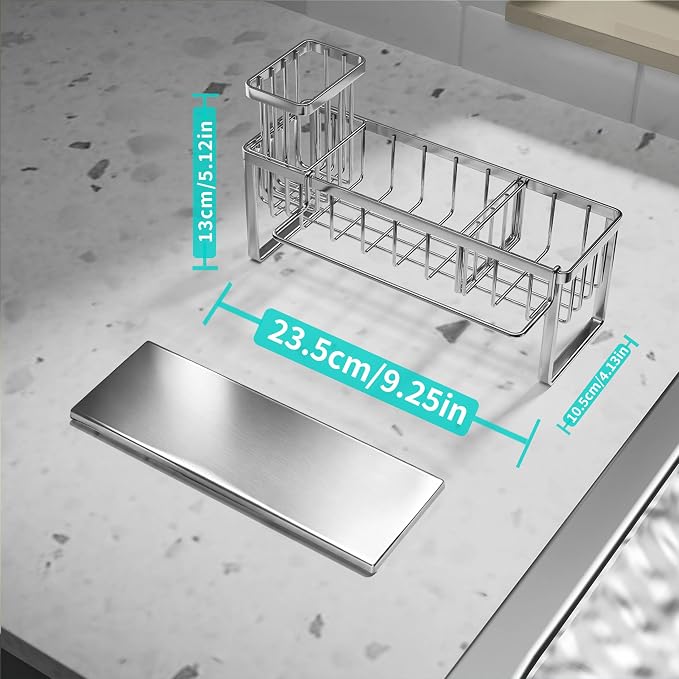 HapiRm Sponge Holder for Kitchen Sink - Self-draining Rustproof Organizer | Sloping Self-draining, Detachable Brush Holder, Stores Sponges, Brushes & Dishcloth, For Countertop Storage, Silver - Image 6