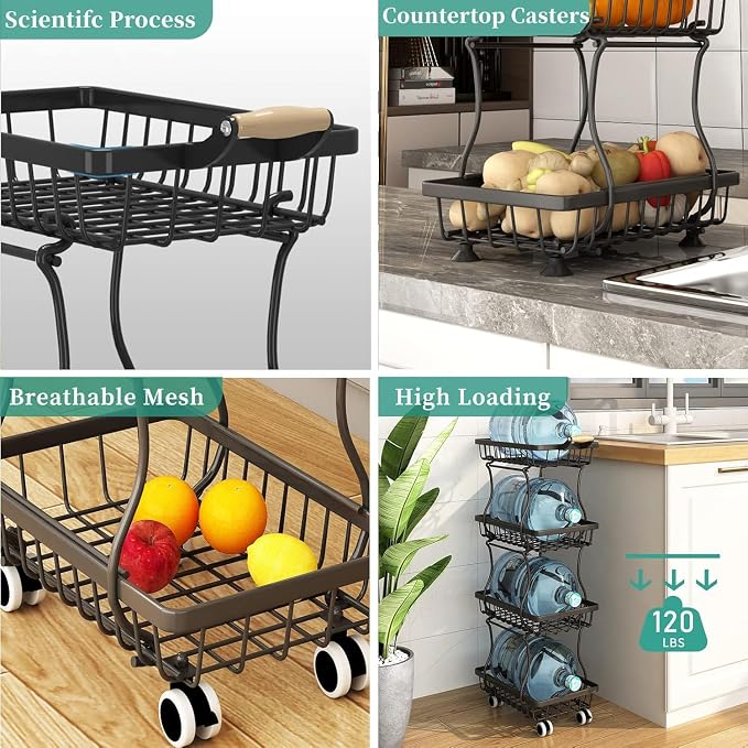 Stackable Fruit Vegetable Basket 4 Tier Kitchen Storage Rolling Cart | metal frame, 9.4“ width for small ppace, easy assembly, veggie rack for potato onion produce apple banana, move smoothly - Image 6