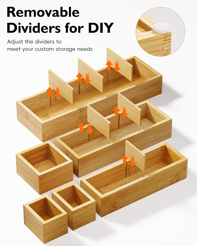 Bamboo Drawer Organizer Set, 6 PCS Trays with 12 Compartments | Natural Bamboo, Flexible Modular Trays, Water-Resistant, Stackable Design, Adjustable, Excellent Organization, Easy to Clean - Image 3
