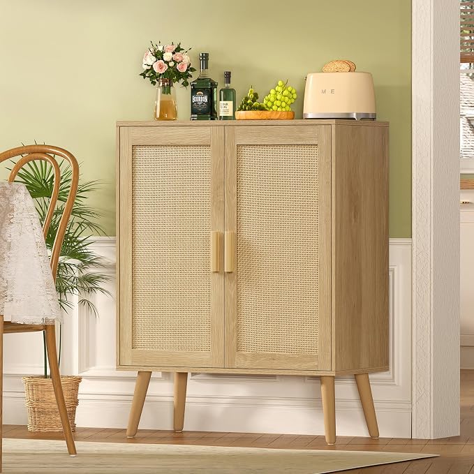 Iwell Storage Cabinet with 2 Shelves, Rattan Cabinet with 2 Doors, Sideboard Buffet Cabinets with Storage for Living Room, Dining Room, Entryway, Natural - Image 6