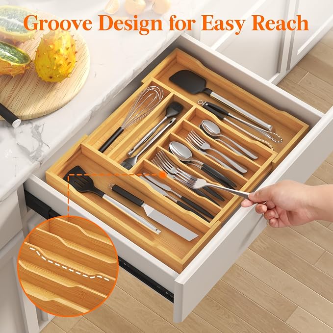 Lifewit Silverware Drawer Organizer, Wooden Utensil Tray for Kitchen | Expandable Flatware and Cutlery Holder, Adjustable Storage for Spoons Forks Knives, 12-21 x 17", Natural - Image 7
