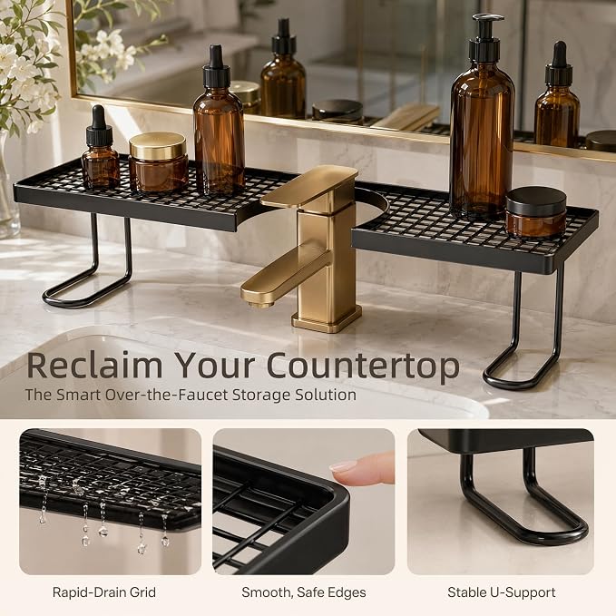 No-Drill Over Sink Organizer Rack, Freestanding Carbon Steel Faucet Storage Caddy, Tool-Free Bathroom Countertop Shelf, Space-Saving Sink Organizer with Quick Drainage (Black) - Image 2