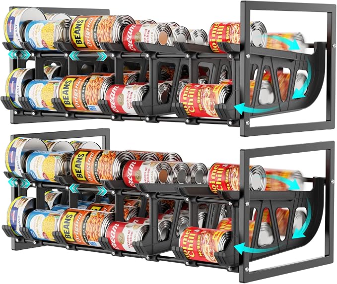 Pantry Can Organizer - Auto-Rolling, Expandable, Holds 120 Cans | Stackable For Walk-in Deep Pantry Shelf, Adjustable Width for Food Cans, Sturdy Metal Frame, Easy Access & Restocking, Black by iSPECLE