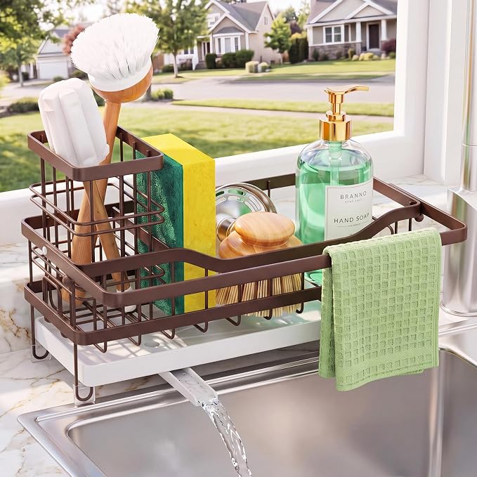 Sponge Holder for Kitchen Sink, Self-draining Sink Caddy with Towel Rack and Brush Holder, Metal Kitchen Countertop Organizers and Storage Essentials, Bronze by GUUKAR