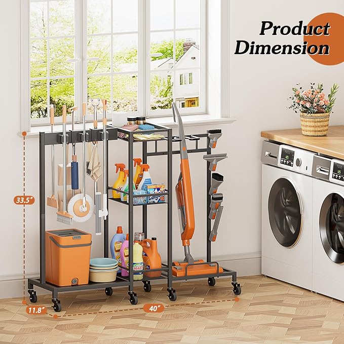 Broom Holder with Cleaning Supplies Organizer, Broom Closet Storage Cabinet with Cleaning Caddy Vacuum Stand, Cleaning Cart with Mop Hanger Gripper Rack Hook, Laundry Room Organization Home Essentials - Image 7