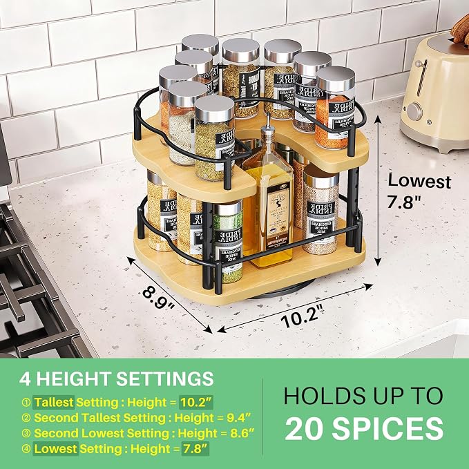 SNTD Lazy Susan Spice Rack Organizer for Cabinet, Wood, Natural, 9 in | Rotating Turntable, Height Adjustable, Space-Saving D-Shape Design, Revolving Spice Storage for Kitchen Countertop Pantry - Image 2