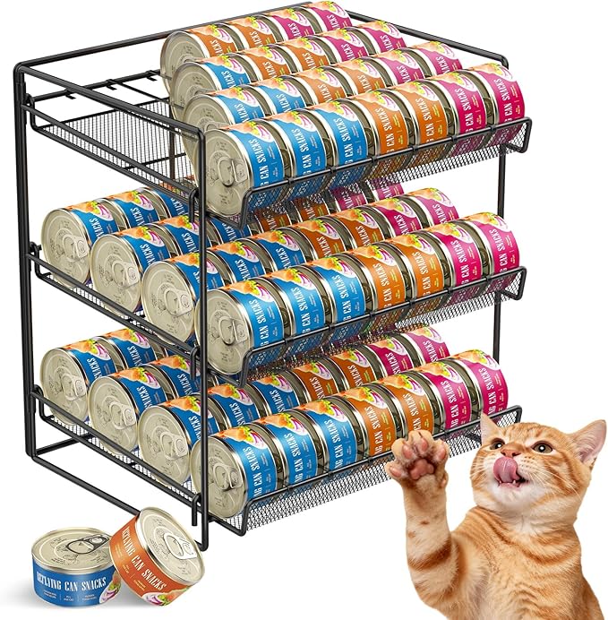 Cat Food Can Organizer 3-Tier Can Organizer for Pantry 84 Cans 3.5oz | Black metal 3-tier cat food can organizer,Holds 84 cans 3.5oz,Adjustable pantry countertop storage for kitchen cabinet by REFLYING