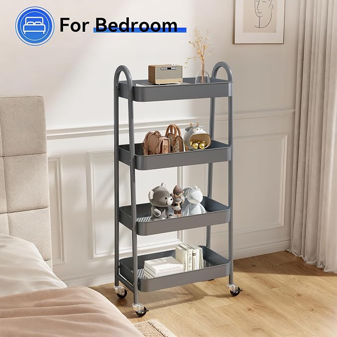 NEWBULIG 4-Shelf Metal Rolling Storage Utility Cart with Lockable Wheels | Mobile Organizer Shelf, Space-Saving, Freestanding, Bathroom, Living Room, Slim, Narrow Corner Spaces, Grey - Image 7