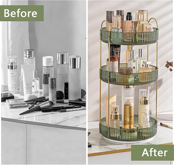 Rotating Makeup Organizer for Vanity, High-Capacity Skincare Clear Make Up Storage Perfume Organizers Cosmetic Dresser Organizer Countertop 360 Spinning (Green, 3 Tier) - Image 3