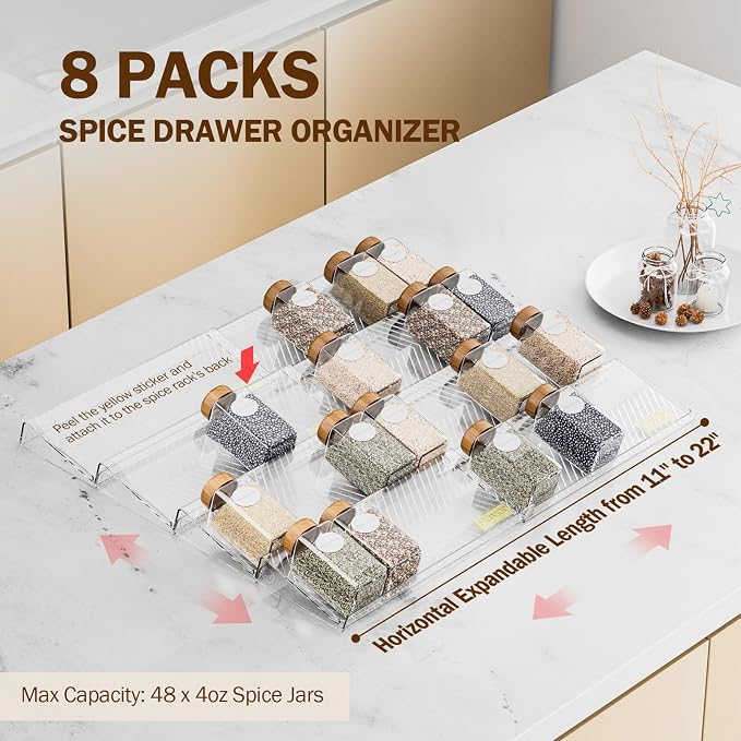 Spice Drawer Organizer, 8 Pack Clear Seasoning Organizer Rack | Expandable From 11" to 22" Wide, Kitchen Spice Rack Organizers for Drawer, Countertop, (Jars Not Included) - Image 2