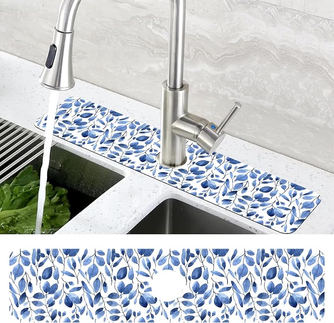 Watercolor Blue Leaves Sink Faucet Absorbing Mat Sink Splash Guard Faucet Mat Draining Mat Fast Drying Sink Protectors for Kitchen and Bathroom 5.5"×24" - Image 4