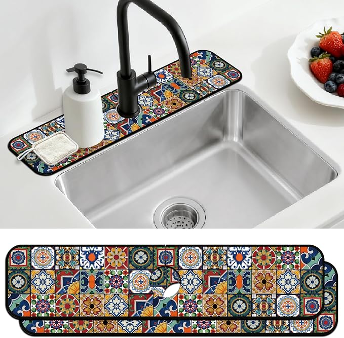 2 Pcs Kitchen Sink Splash Guard Faucet Mat Colored Bohemian Tiles Pattern Faucet Mat for Sinks Absorbing Drying Mat for Kitchen Bathroom, 23.6x5.5inch by CONCHLERY%E6%97%97%E8%88%B0%E5%BA%97
