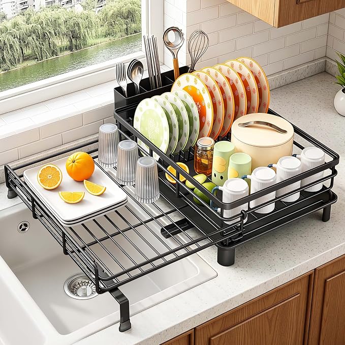 SAYZH Expandable Dish Drying Rack for Kitchen Counter, Metal, Black | Foldable Over Sink, Large Capacity, Rust-Resistant, Adjustable for Most Sinks, Automatic Drainage, Removable Utensil Holder - Image 8