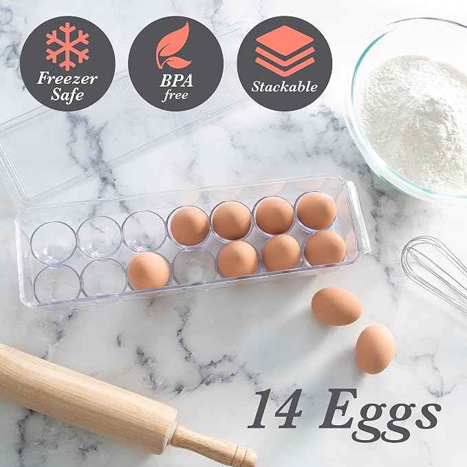 Kitchen Details Egg Crate | Dimensions: 14.5"x4.5"x2.9" | Fits 14 Eggs per Crate | Stackable | BPA Free | Easy Pull Handles | Kitchen Organization | Clear - Image 3