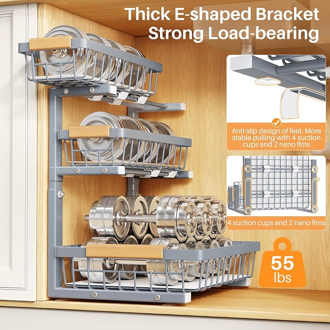 PXRACK Under Sink Organizer, 2-Pack 3-Tier Height Adjustable Thickened Metal Pull out Cabinet Organizer Shelf, Slide out Storage Drawer Rack for Bathroom Kitchen Pantry Home Organization, Grey - Image 6
