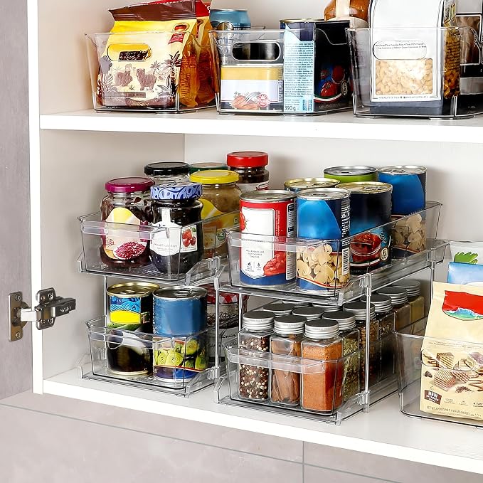 2 Tier Clear Organizer with Dividers for Cabinet, Shlef, Counter - MultiUse Slide-Out Storage Container - Kitchen, Pantry, Medicine Cupboard Bins, Bathroom, Vanity Makeup, Under Sink Organizing - Image 5