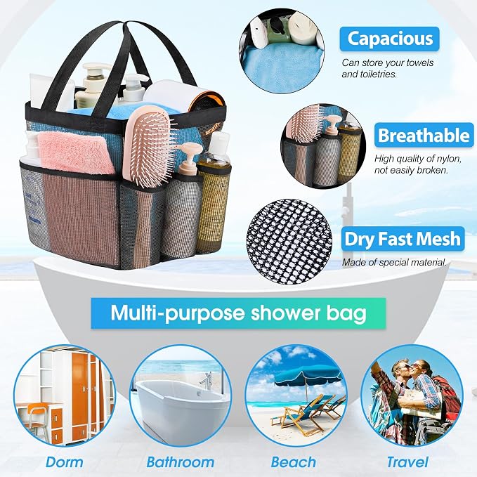 Mesh Shower Caddy Portable - 9 Pockets for College Dorm Room Essential | Large Capacity Mesh Shower Caddy with 9 Pockets, Portable Hanging Toiletry Bag for College Dorm, Gym, Camping and Beach - Image 2