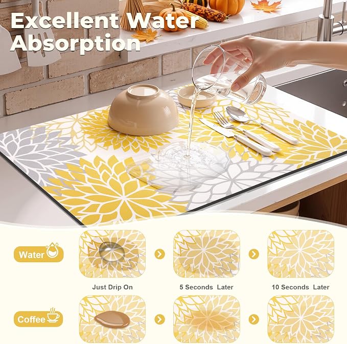 Findosom Fall Dish Drying Mat, 12" x 20" Super Absorbent Dish Mat with Floral, Hide Stain Drying Mat for Kitchen Counter, Under Dish Rack, Coffee Maker, Espresso Machine, Yellow - Image 3