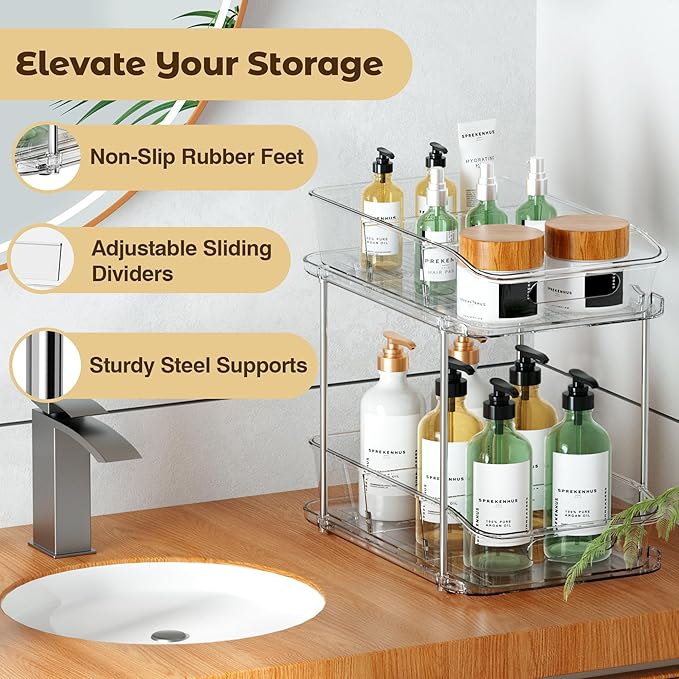 incostar 2 Tier Pull-Out Storage Organizer for Bathroom and Kitchen, Under Sink Organizer with Dividers, Ideal for Organizing Cupboard,Bathroom Vanities,Cabinet, Slide-Out Clear Storage, 4 Pack - Image 4