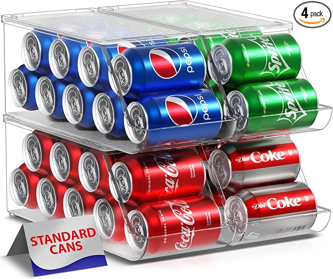 Sorbus Soda Can Organizer for Refrigerator - Stackable Can Holder Dispenser with Lid for Fridge, Pantry, Freezer – Holds 9 Cans Each, BPA-Free, Clear Design, Drink Organizer for Fridge (4-Pack) by Sorbus